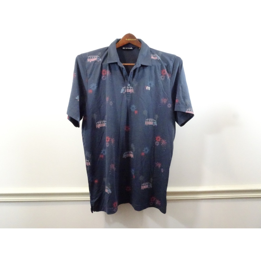 Travis Mathew Mens Navy Blue Patriotic Camper Van Firework Polo Shirt XL Golf